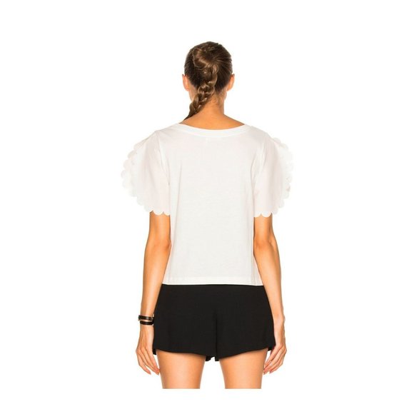 See by Chloe Cloud Dancer Scallop Sleeve T-Shirt 100% Cotton Top in White Size S - Picture 8 of 9